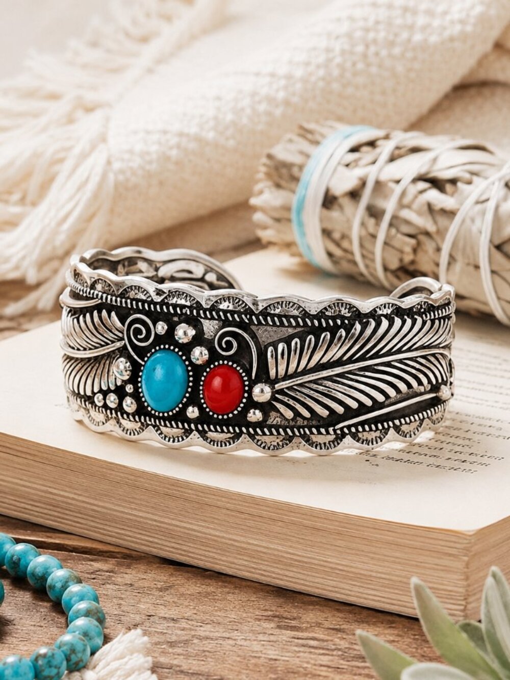 Silver Cuff Bracelet Earrings Set Turquoise Red Coral Southwestern Boho Filigree - Picture 10 of 15